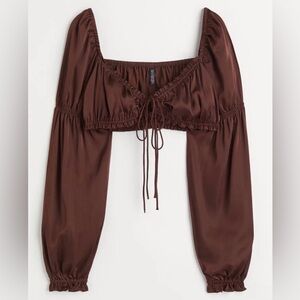 H&M - Long Sleeve Satin Crop Top Brown - Size Small